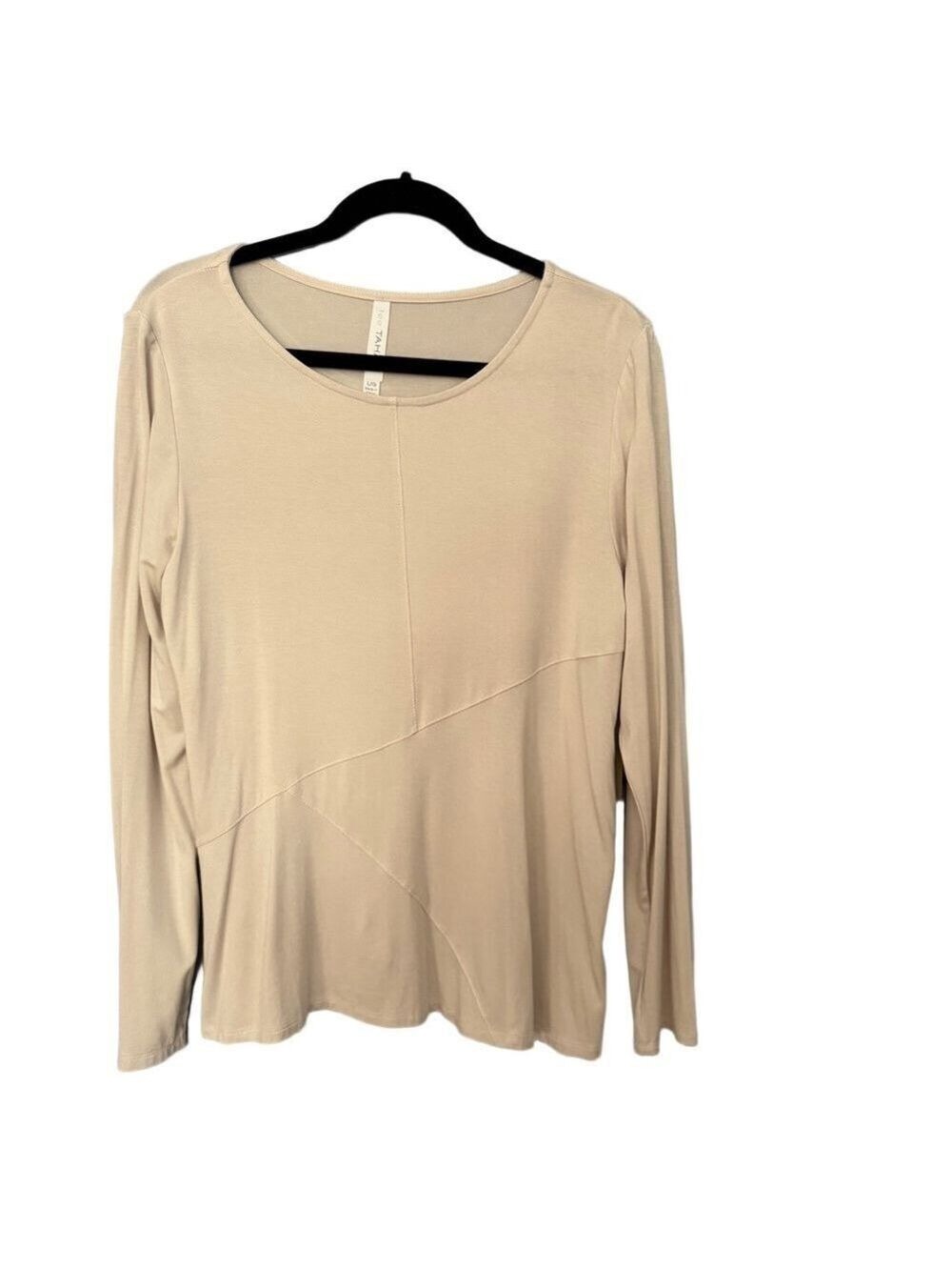 Tahari Beige Long Sleeve Tee Seam Detail Classic Casual Layering Large Boho NWT - Picture 3 of 13